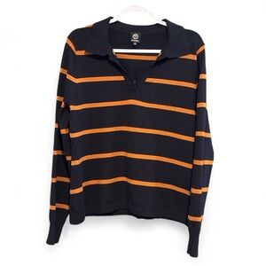 Bobeau - Black and Orange Striped Long Sleeve Polo Shirt - XL